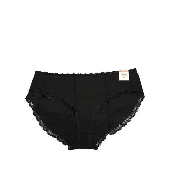 Jenni Womens 2X Black Cotton Lace Trim Hipster Panties Underwear Set Of 2 - Picture 2 of 7